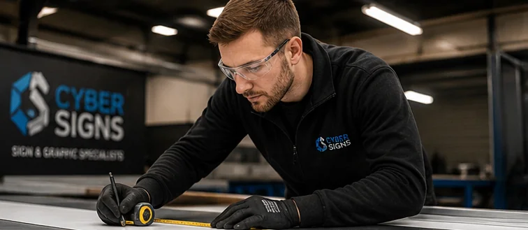 Cyber Signs fabricator measuring up on the bench