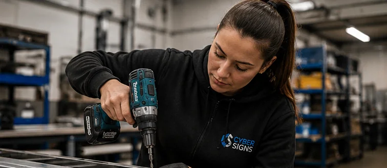 Cyber Signs crew member drilling a panel