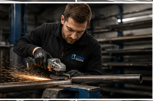 Cyber Signs fabricator grinding steel