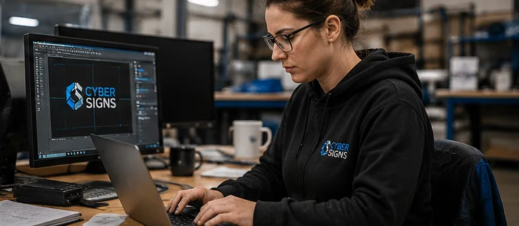 Cyber Signs designer at the studio desk